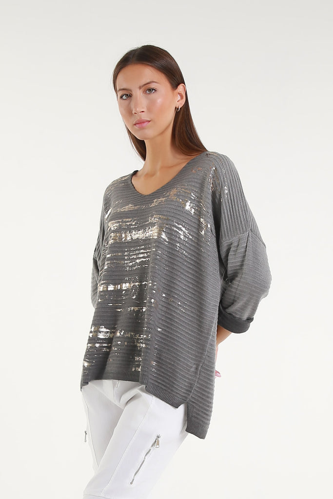 BLS434M 032 Dark Gray Metallic Accent Emilia LS Ribbed Knit Top