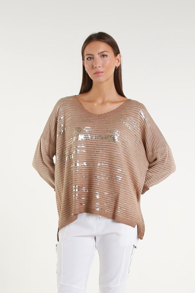 BLS434M 258 Camel Metallic Accent Emilia LS Ribbed Knit Top