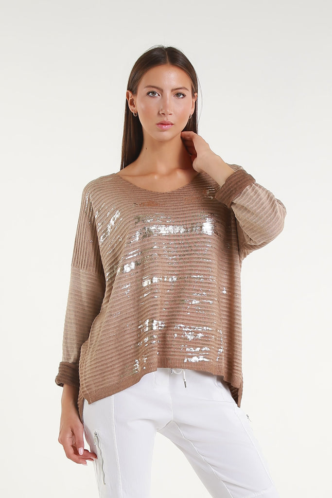 BLS434M 258 Camel Metallic Accent Emilia LS Ribbed Knit Top