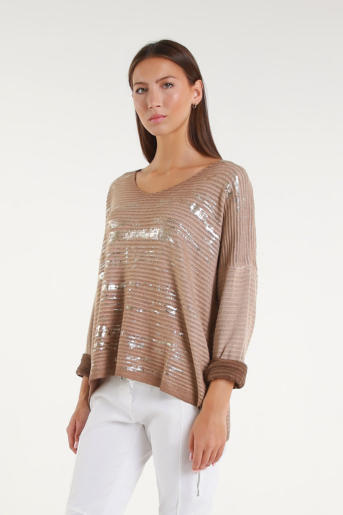 BLS434M 258 Camel Metallic Accent Emilia LS Ribbed Knit Top