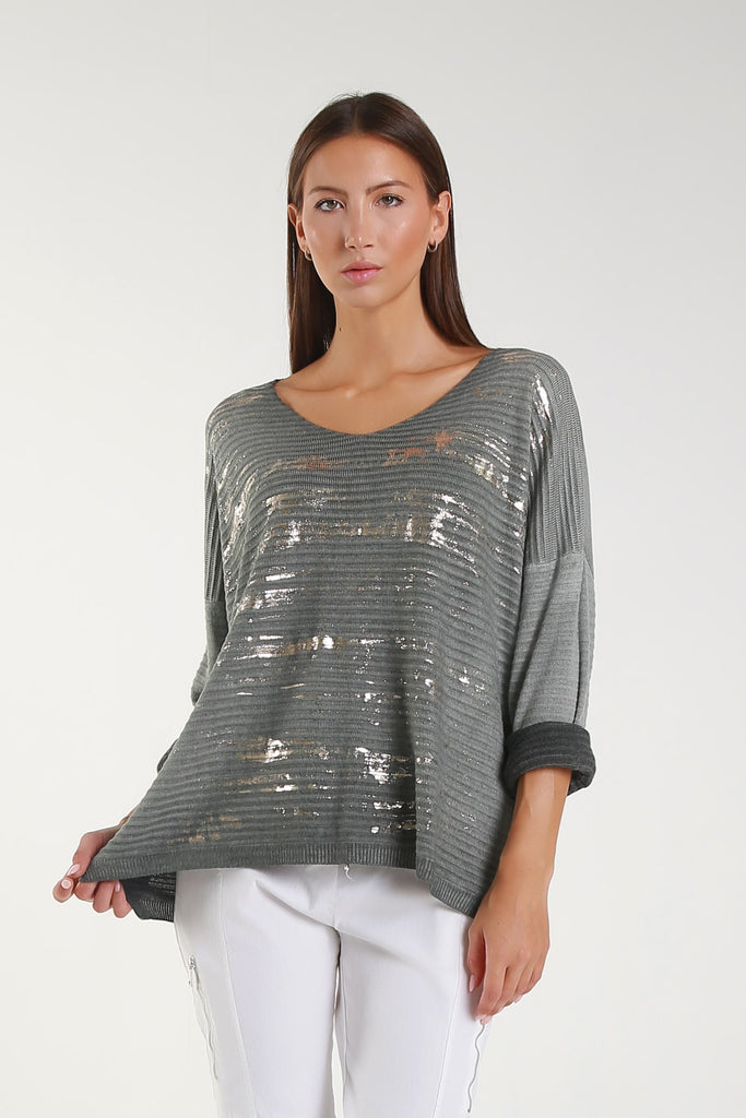 BLS434M 303 Army Metallic Accent Emilia LS Ribbed Knit Top