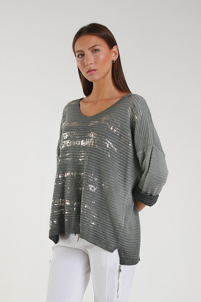 BLS434M 303 Army Metallic Accent Emilia LS Ribbed Knit Top