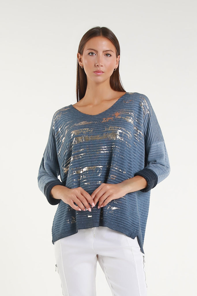 BLS434M 409 Navy Metallic Accent Emilia LS Ribbed Knit Top