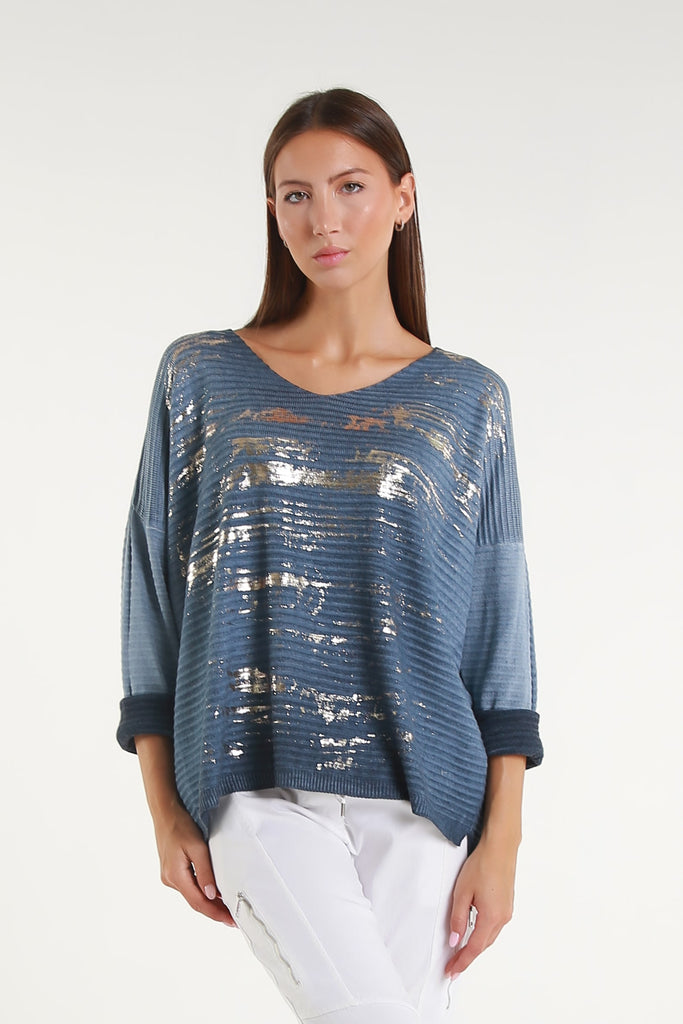 BLS434M 409 Navy Metallic Accent Emilia LS Ribbed Knit Top