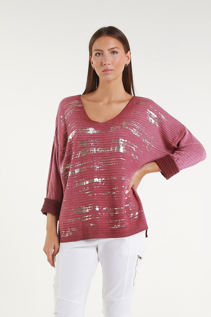 BLS434M 618 Dark Wine Metallic Accent Emilia LS Ribbed Knit Top