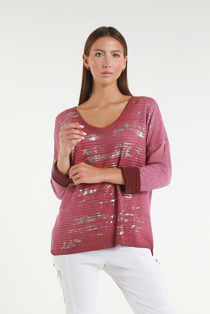 BLS434M 618 Dark Wine Metallic Accent Emilia LS Ribbed Knit Top