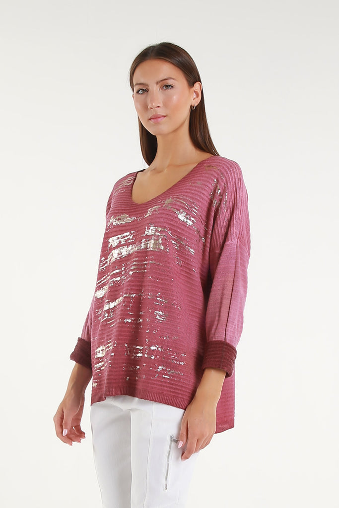 BLS434M 618 Dark Wine Metallic Accent Emilia LS Ribbed Knit Top