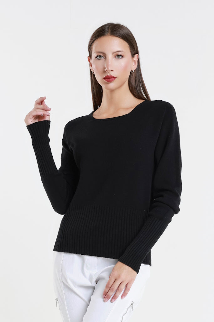 BLS436-001 Black Monica LS Ribbed Bottom Short Sweater