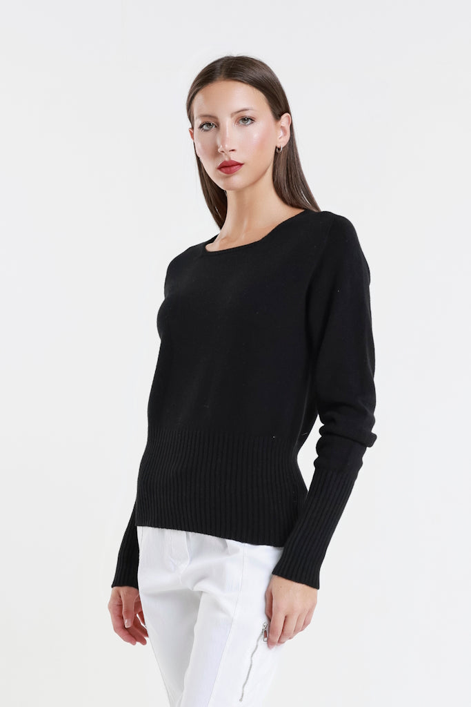 BLS436-001 Black Monica LS Ribbed Bottom Short Sweater