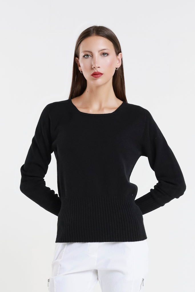 BLS436-001 Black Monica LS Ribbed Bottom Short Sweater