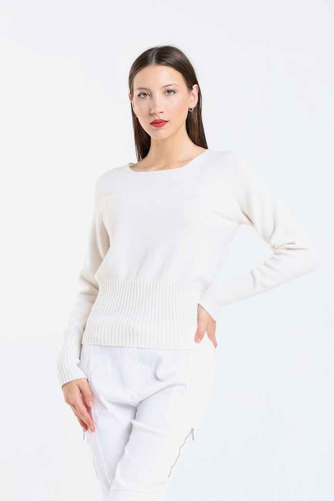 BLS436-105 Cream Monica LS Ribbed Bottom Short Sweater