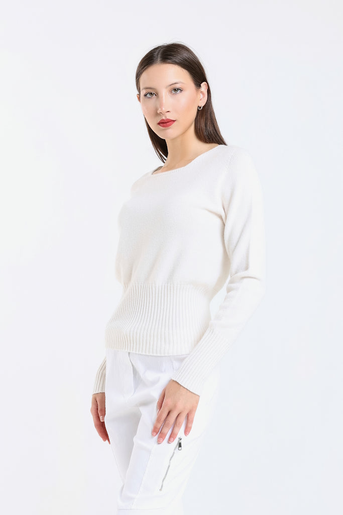 BLS436-105 Cream Monica LS Ribbed Bottom Short Sweater