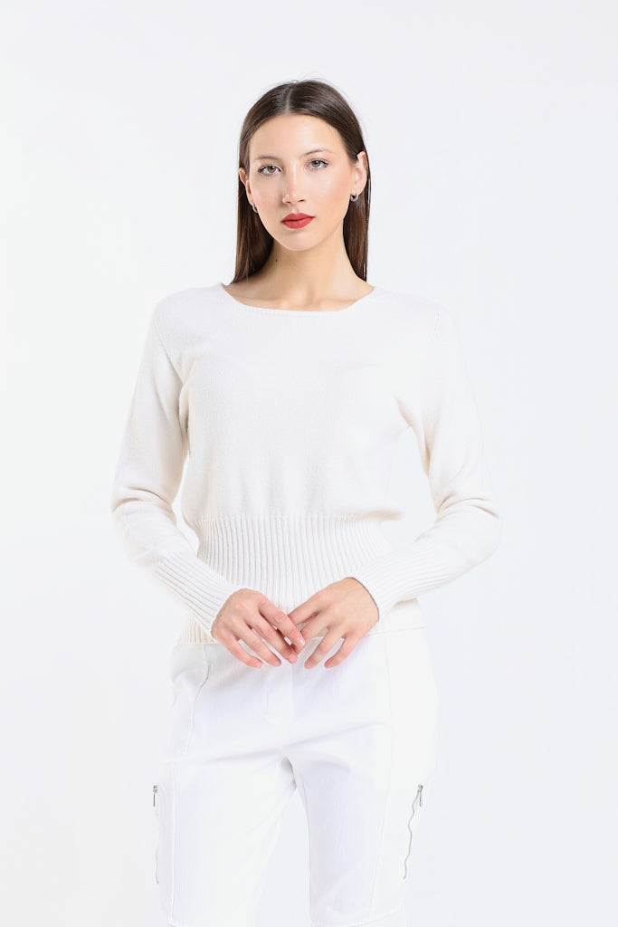 BLS436-105 Cream Monica LS Ribbed Bottom Short Sweater