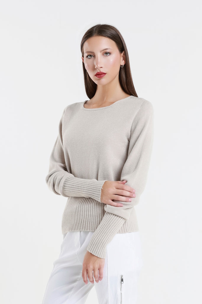 BLS436-250 Beige Monica LS Ribbed Bottom Short Sweater