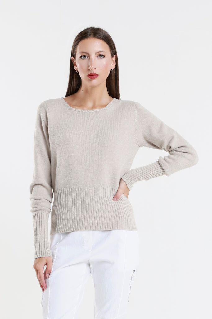 BLS436-250 Beige Monica LS Ribbed Bottom Short Sweater