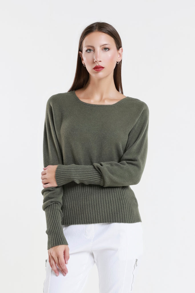 BLS436-303 Army Monica LS Ribbed Bottom Short Sweater