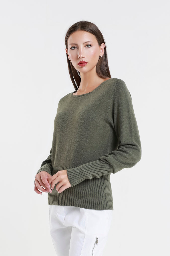 BLS436-303 Army Monica LS Ribbed Bottom Short Sweater