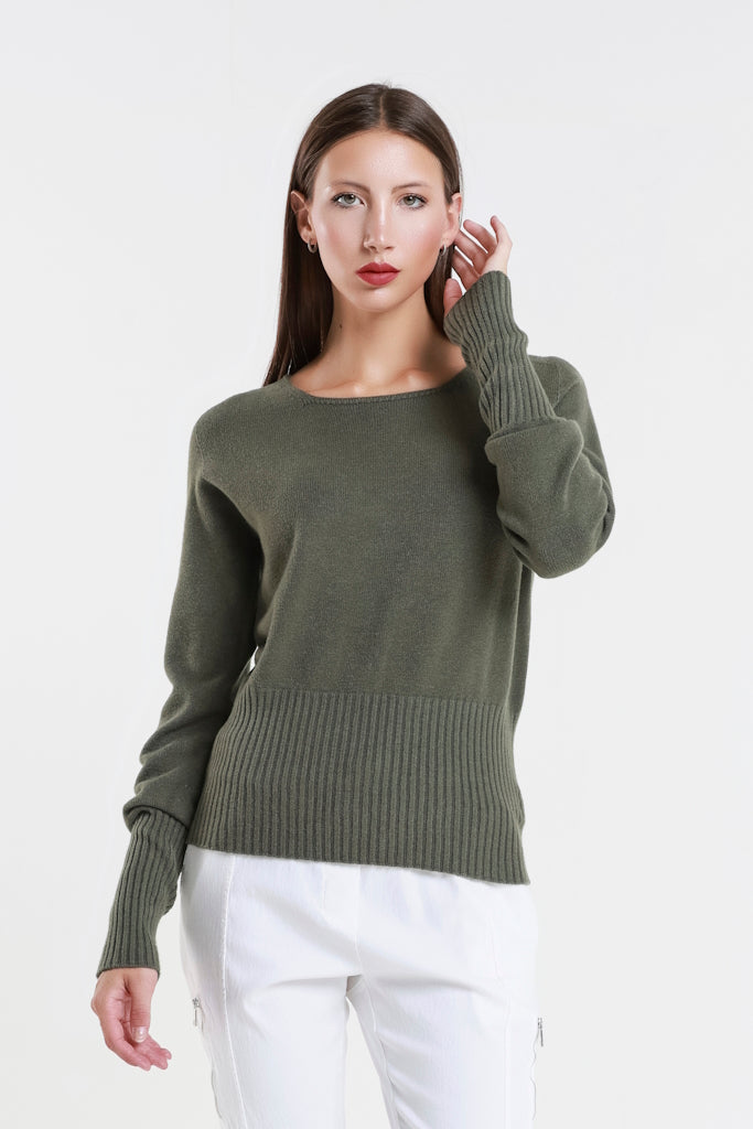 BLS436-303 Army Monica LS Ribbed Bottom Short Sweater