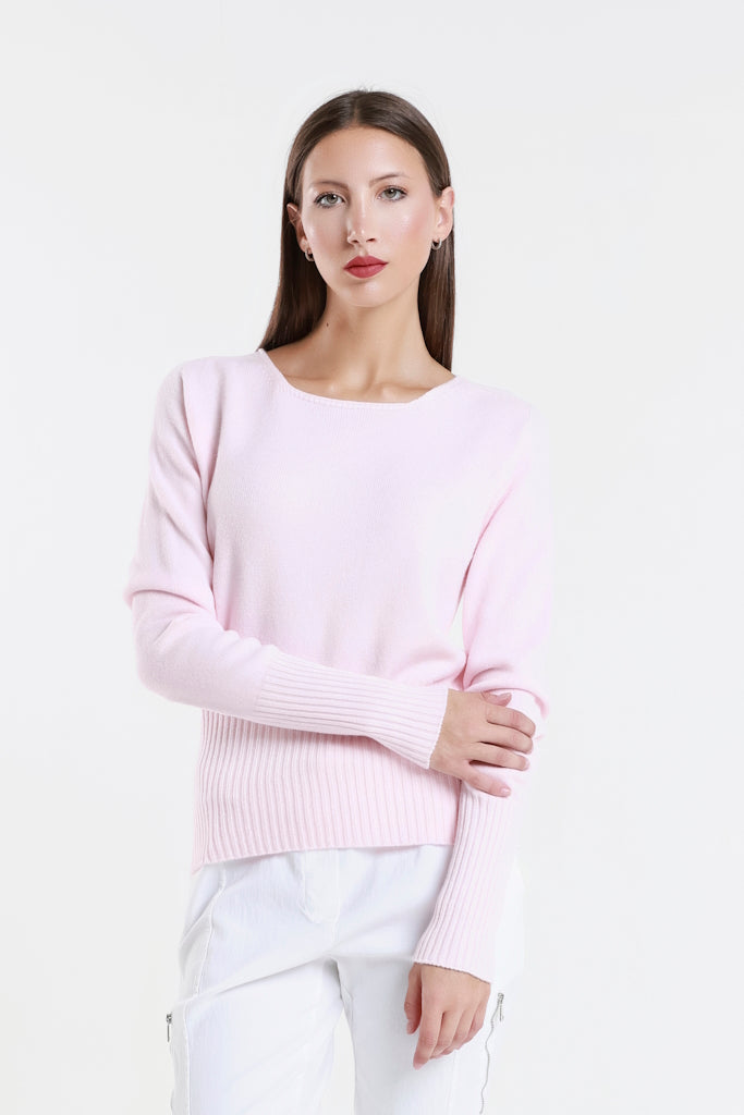 BLS436-650 Pink Monica LS Ribbed Bottom Short Sweater