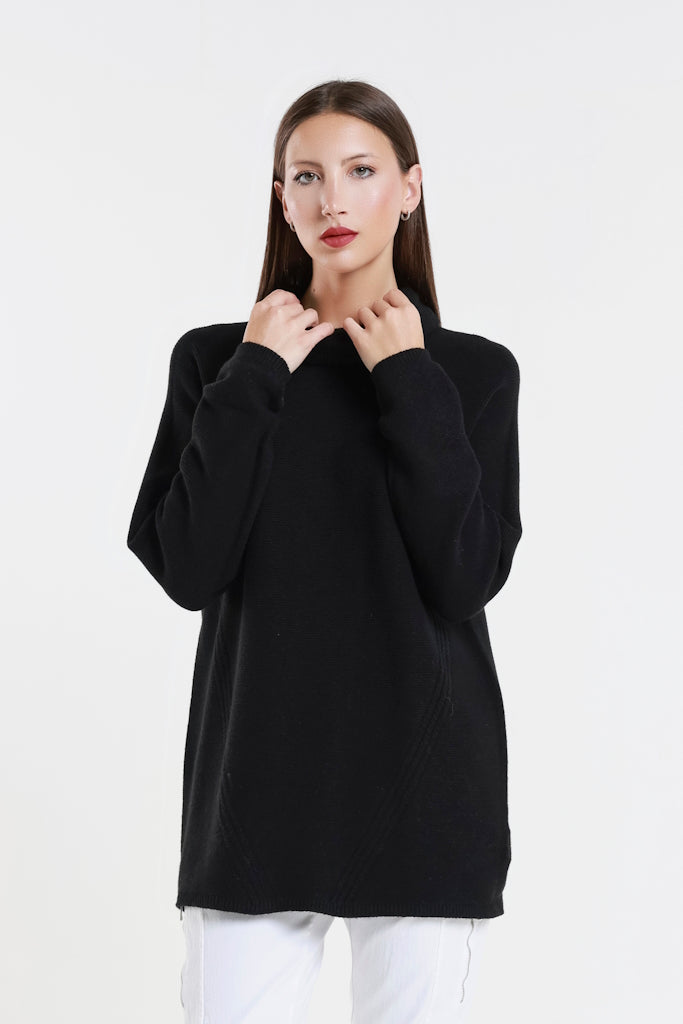 BLS439-001 Black Jacqueline LS Cowl Neck Tunic Sweater