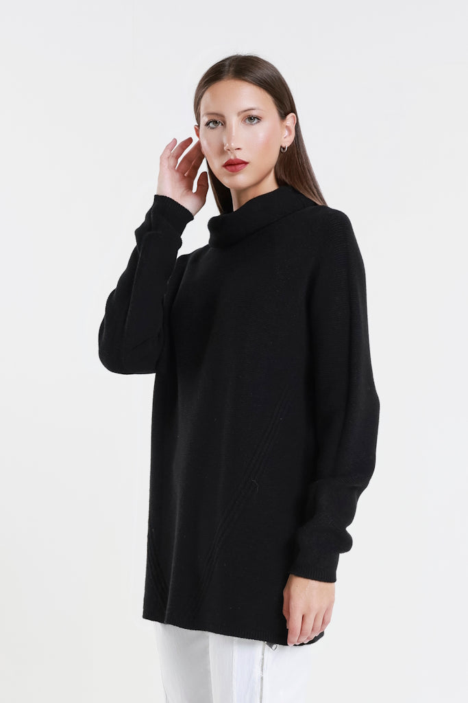 BLS439-001 Black Jacqueline LS Cowl Neck Tunic Sweater