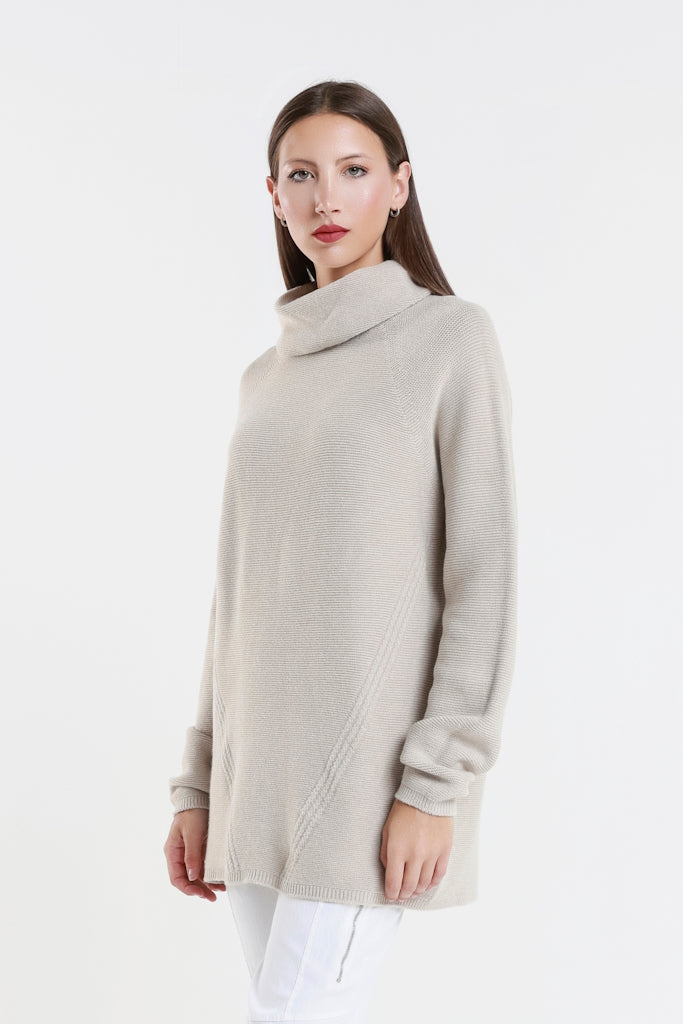 BLS439-250 Beige Jacqueline LS Cowl Neck Tunic Sweater