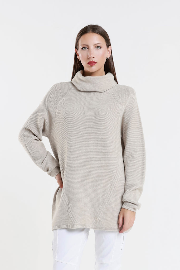 BLS439-250 Beige Jacqueline LS Cowl Neck Tunic Sweater