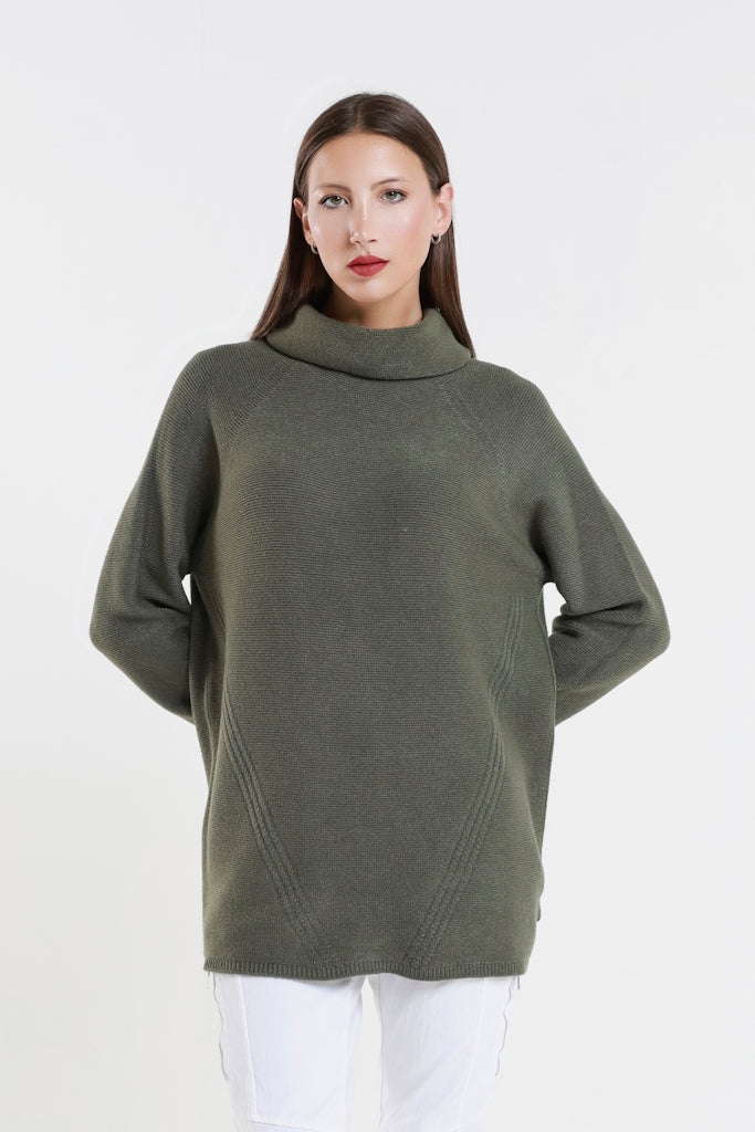 BLS439-303 Army Jacqueline LS Cowl Neck Tunic Sweater