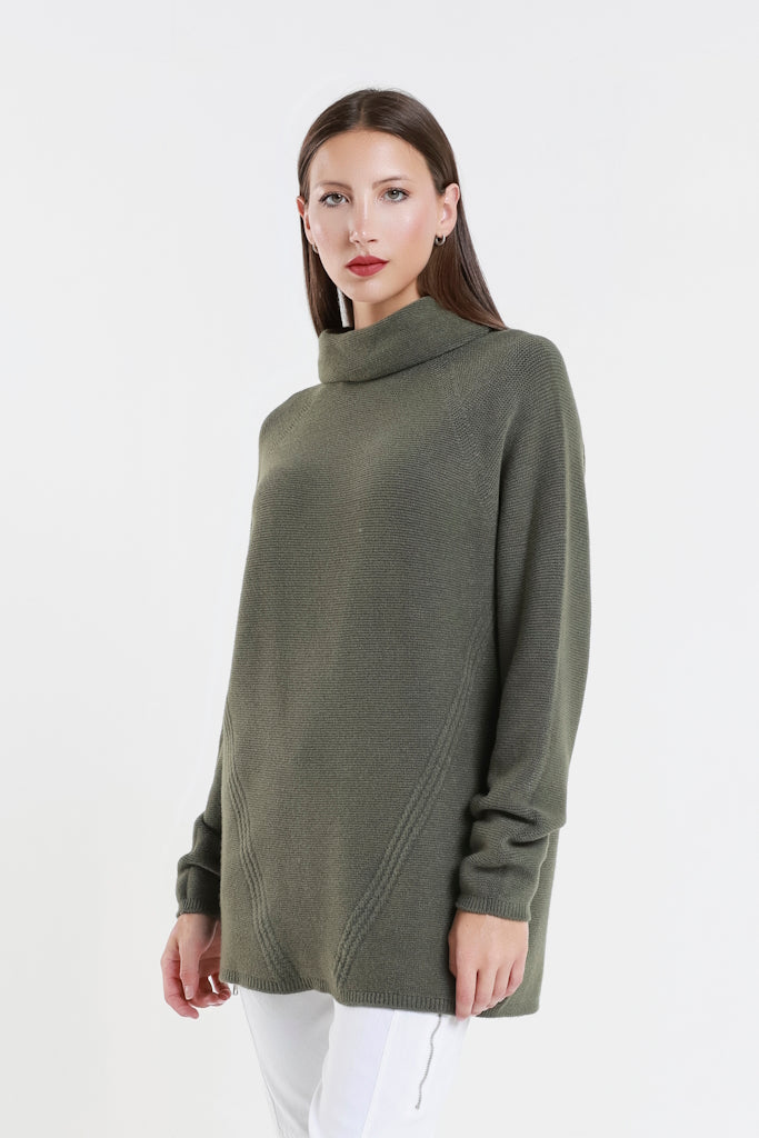 BLS439-303 Army Jacqueline LS Cowl Neck Tunic Sweater