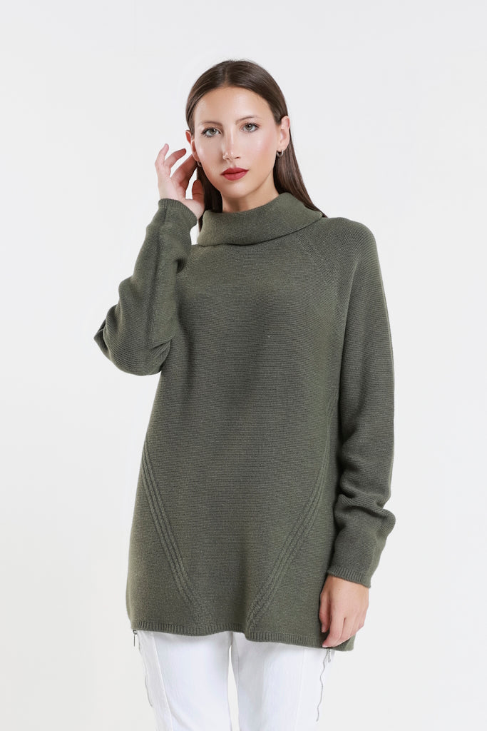 BLS439-303 Army Jacqueline LS Cowl Neck Tunic Sweater