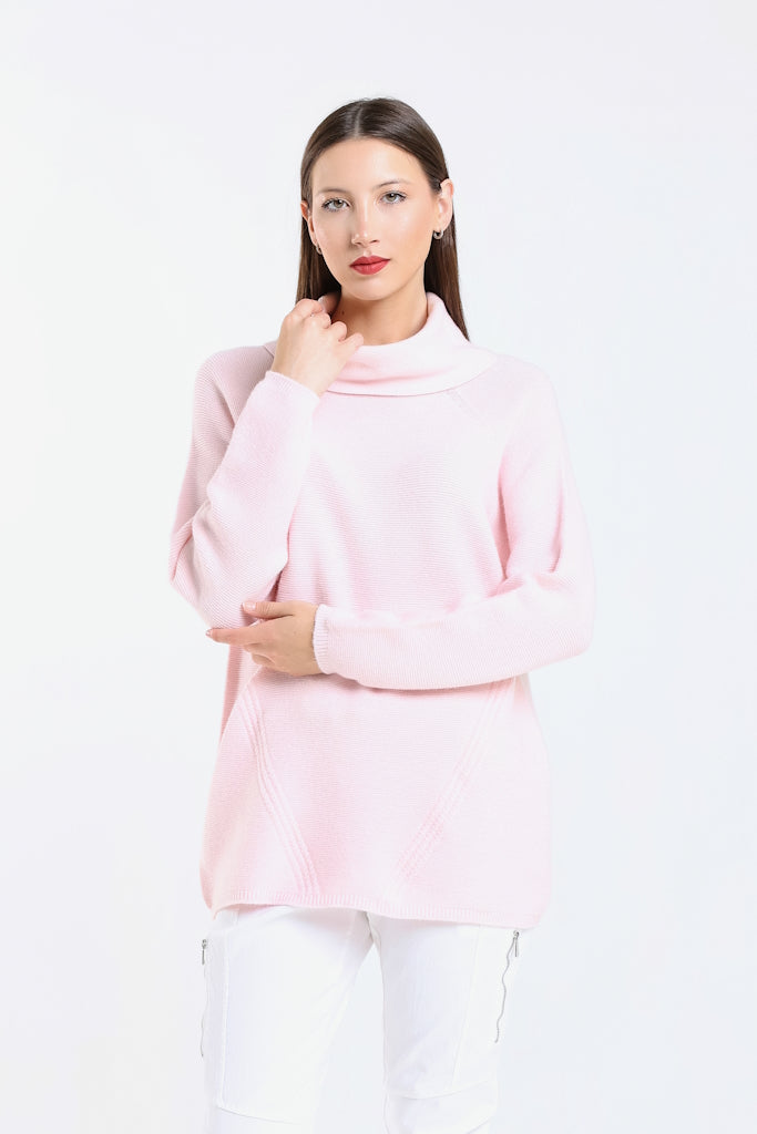 BLS439-650 Pink Jacqueline LS Cowl Neck Tunic Sweater