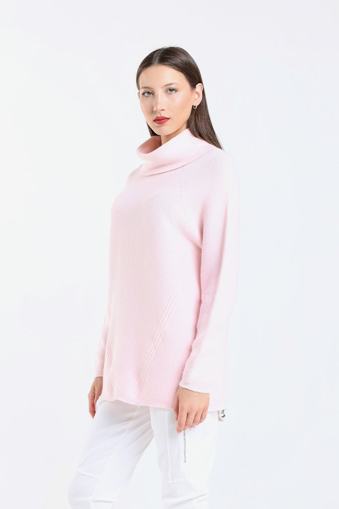 BLS439-650 Pink Jacqueline LS Cowl Neck Tunic Sweater