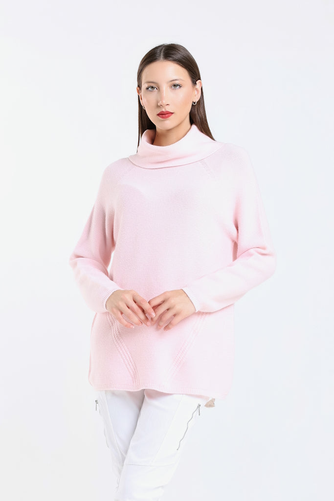 BLS439-650 Pink Jacqueline LS Cowl Neck Tunic Sweater