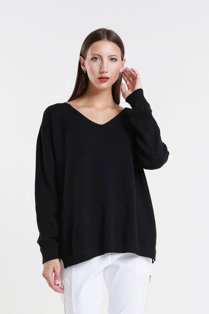 BLS444H-001 Black Heart Callie Seriously Soft LS V-Neck Heart Detail Sweater