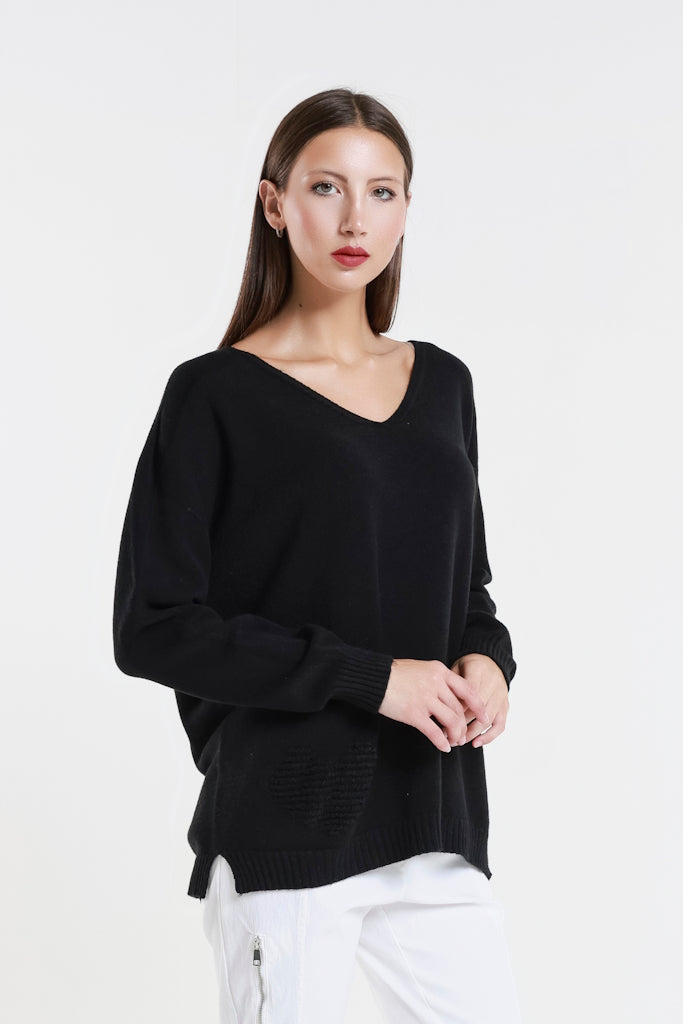 BLS444H-001 Black Heart Callie Seriously Soft LS V-Neck Heart Detail Sweater