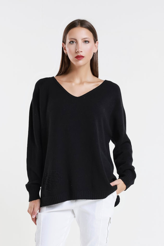 BLS444H-001 Black Heart Callie Seriously Soft LS V-Neck Heart Detail Sweater