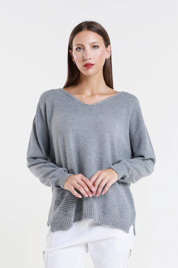 BLS444H-011 Slate Heart Callie Seriously Soft LS V-Neck Heart Detail Sweater