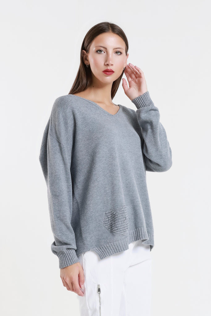 BLS444H-011 Slate Heart Callie Seriously Soft LS V-Neck Heart Detail Sweater