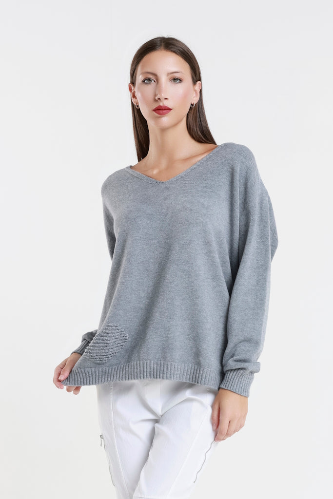 BLS444H-011 Slate Heart Callie Seriously Soft LS V-Neck Heart Detail Sweater