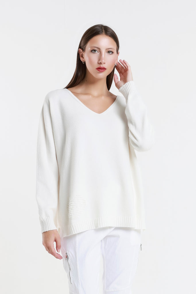 BLS444H-105 Cream Heart Callie Seriously Soft LS V-Neck Heart Detail Sweater