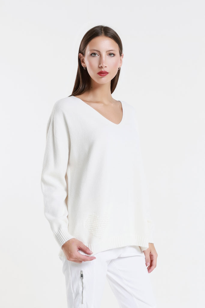 BLS444H-105 Cream Heart Callie Seriously Soft LS V-Neck Heart Detail Sweater