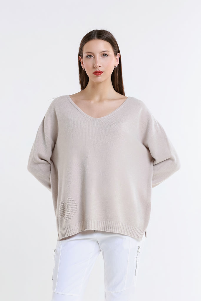 BLS444H-250 Beige Heart Callie Seriously Soft LS V-Neck Heart Detail Sweater