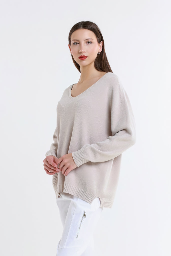 BLS444H-250 Beige Heart Callie Seriously Soft LS V-Neck Heart Detail Sweater