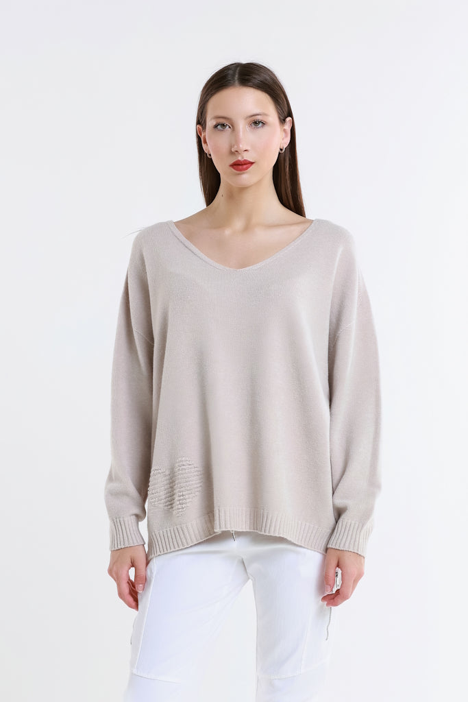 BLS444H-250 Beige Heart Callie Seriously Soft LS V-Neck Heart Detail Sweater