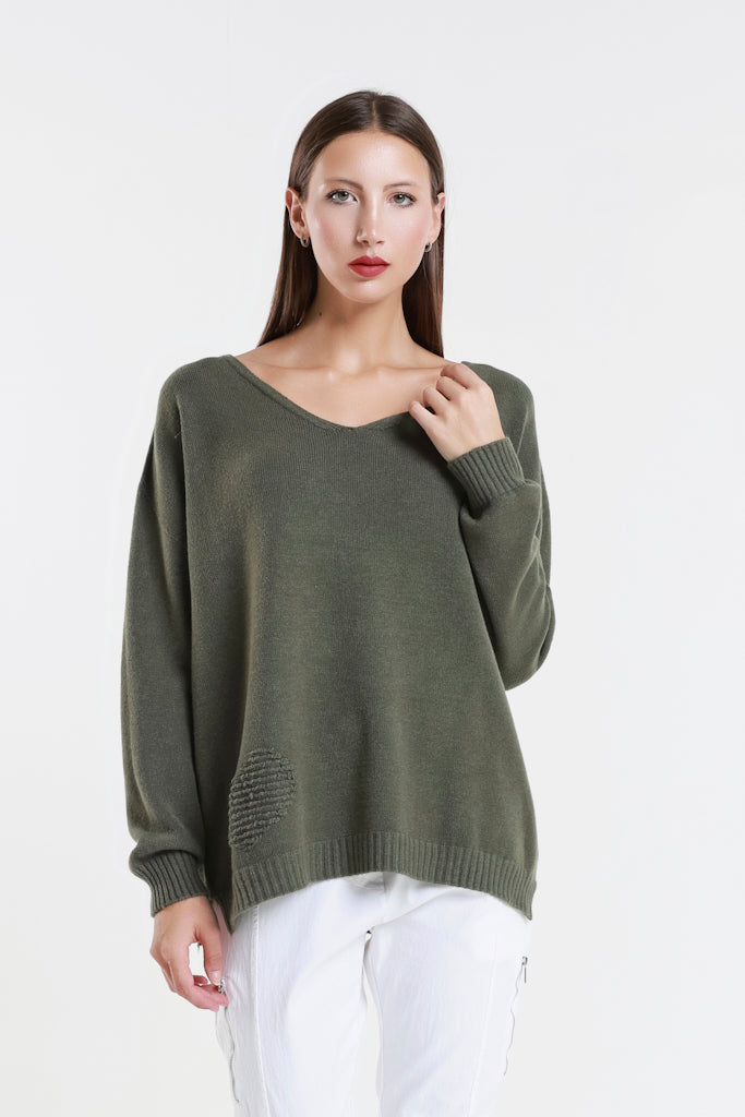 BLS444H-303 Army Heart Callie Seriously Soft LS V-Neck Heart Detail Sweater