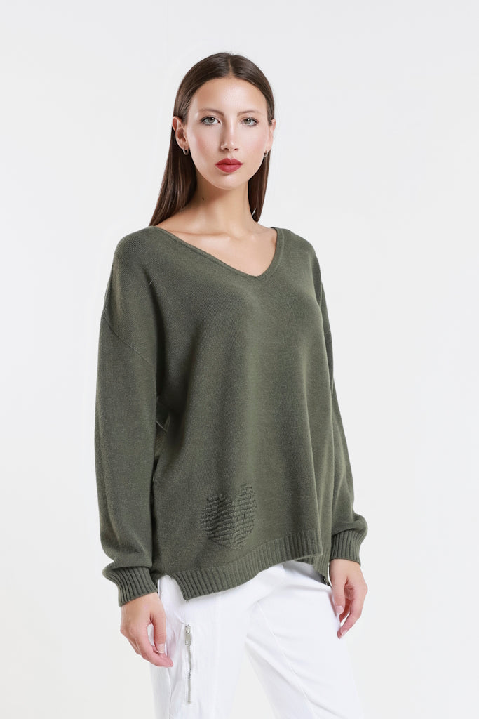 BLS444H-303 Army Heart Callie Seriously Soft LS V-Neck Heart Detail Sweater