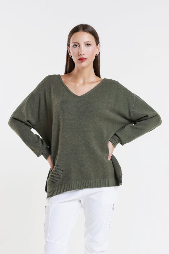 BLS444H-303 Army Heart Callie Seriously Soft LS V-Neck Heart Detail Sweater