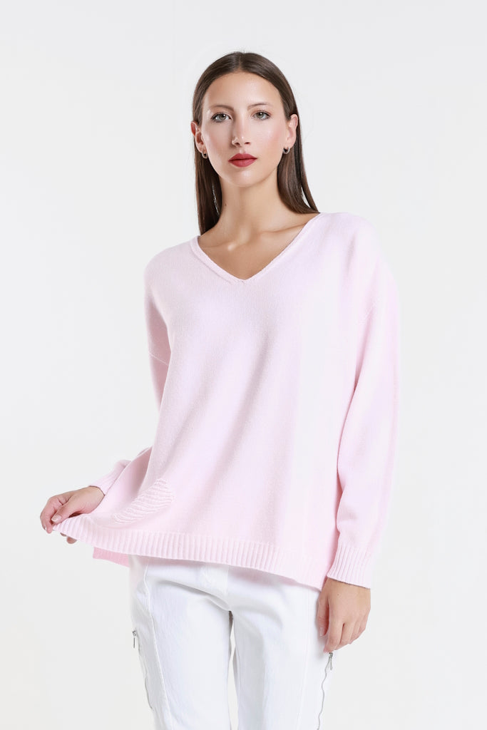 BLS444H-650 Pink Heart Callie Seriously Soft LS V-Neck Heart Detail Sweater