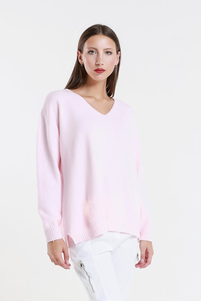 BLS444H-650 Pink Heart Callie Seriously Soft LS V-Neck Heart Detail Sweater