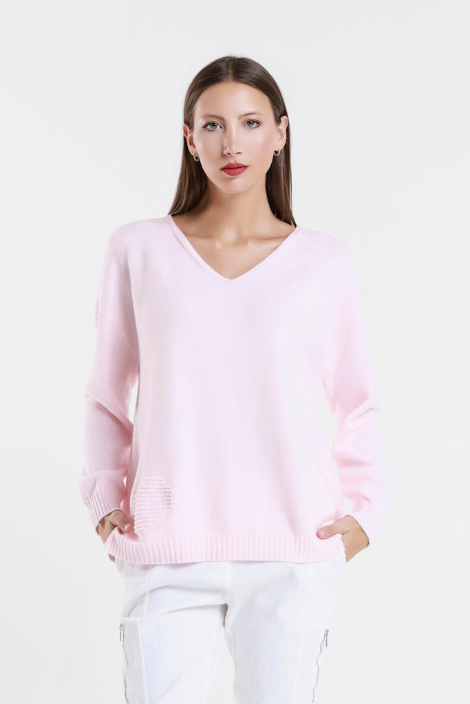 BLS444H-650 Pink Heart Callie Seriously Soft LS V-Neck Heart Detail Sweater